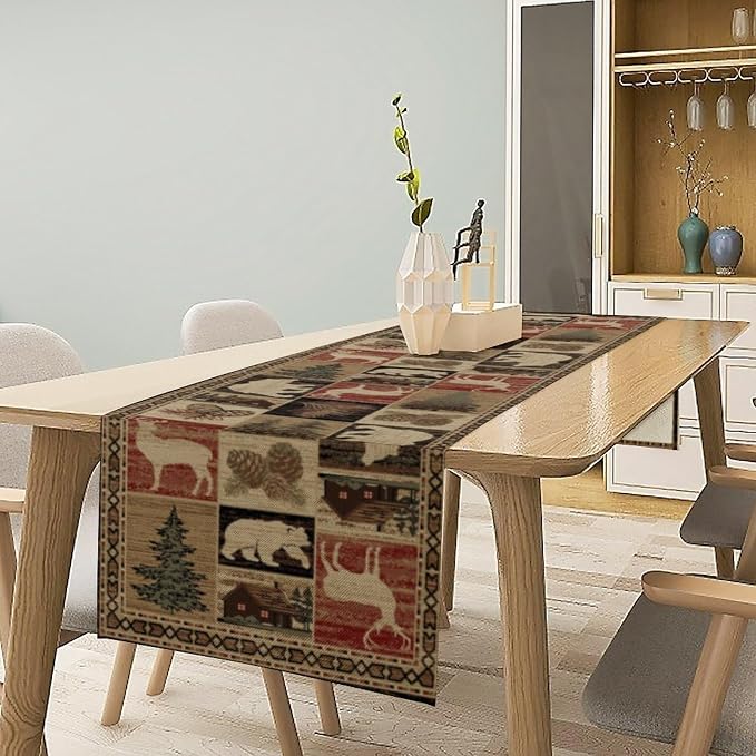 Rustic Bear Table Runner, Vintage Cottage Country Style Pine Tree Elk Wildlife - Image 2