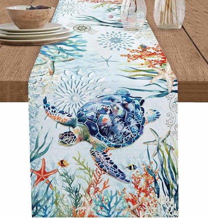 Sea Turtle Coastal Table Runners 90 Inches Long, Summer Beach Coral Table by Unknown