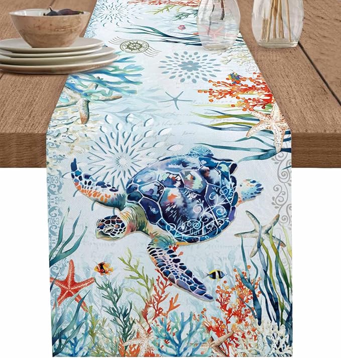 Sea Turtle Coastal Table Runners 72 Inches Long, Summer Beach Coral Table by Unknown