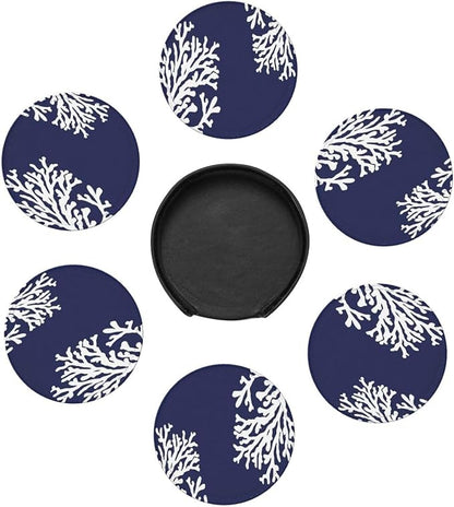6 Pcs Coral Navy Blue Nautical Coastal Ocean Theme Marine Leather Coasters - Image 7