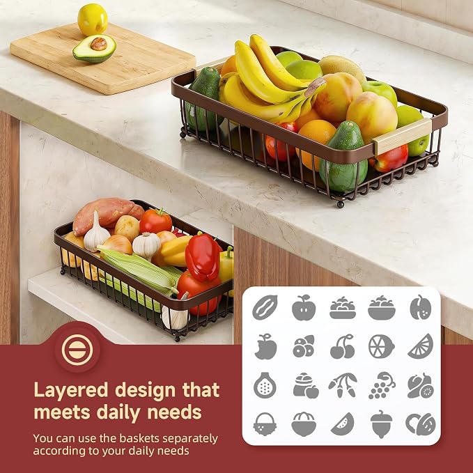 2-Tier Fruit Basket with Banana Hangers, Detachable Metal Bowl | Wooden handle - Image 4