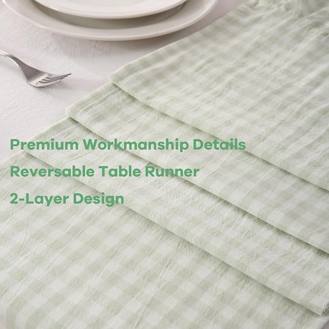 Pile Green White Plaid Gingham Ruffle Table Runner 72 inches Long 100% Washed - Image 5