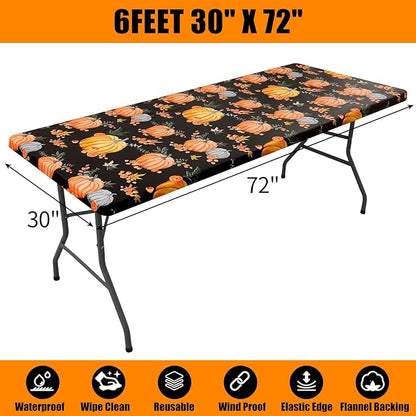 Smiry Plastic Thanksgiving Tablecloth, Pumpkin Waterproof Elastic Fitted Table Covers for 6 Foot Tables, Wipeable Flannel Backed Vinyl Tablecloths for Autumn Harvest, Parties (Black, 30x72 Inches)