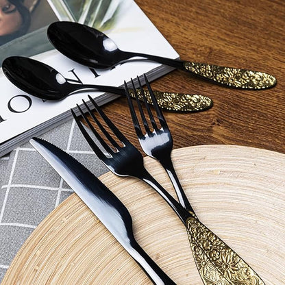 TWEE Black Gold Silverware Set for 4 Unique 18/10 Stainless Steel 20 Flatware Set Beautifully Embossed Floral Pattern Mirror Polished Kitchen Utensils Set for Home Restaurant Tableware