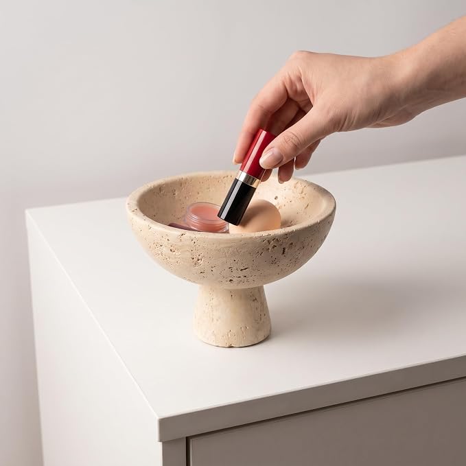 Travertine Style Concrete Pedestal Bowl Wabi-Sabi Organizer | Small 5.5" - Image 4