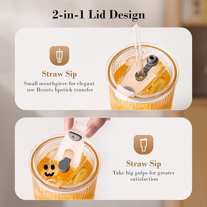 20oz Iced Coffee Cups with Lids, Ribbed Glass Cups with Lids and Straws | Thick - Image 5