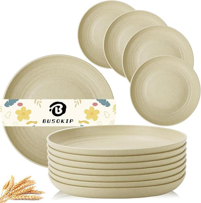 Wheat Straw Dinner Plates Set of 8, 10 Inch Beige, Lightweight & Unbreakable, Microwave & Dishwasher Safe Kids Plates