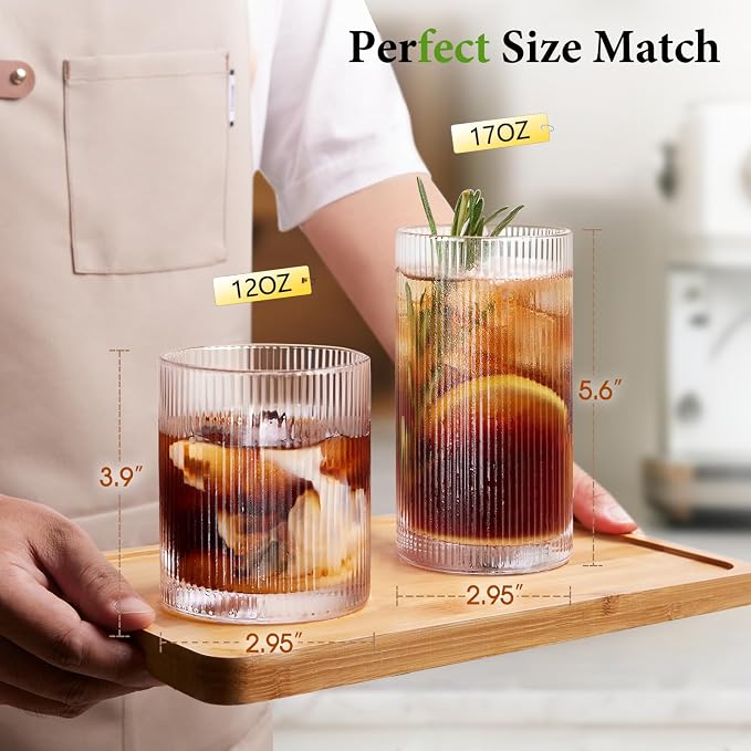 Ribbed Drinking Glasses Cups Set of 8 Large Capacity Highball 17oz&12oz | Rocks - Image 2