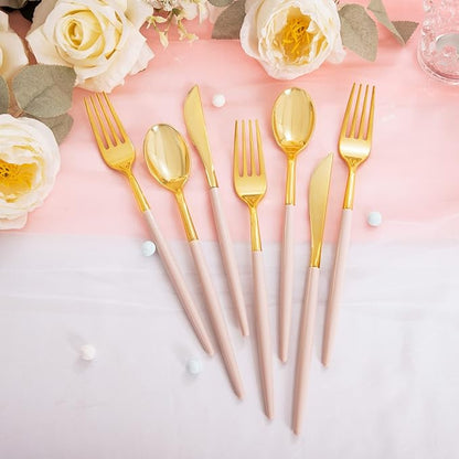 Rubtlamp 90Pcs Gold Plastic Silverware, Valentine's Day Utensils Set With Pink Handles Include 30 Gold Knives, 60Plastic Forks and Spoons, Pink Silverware Heavy Duty For Mother's Day