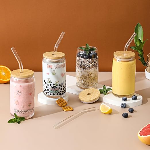 Glass Cups with Bamboo Lids and Glass Straw - Image 4