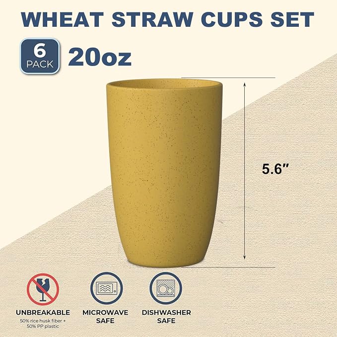 Wrova Wheat Straw Cups 6 PCS Good Alternative to Plastic Reusable Cups 20 oz - Image 2