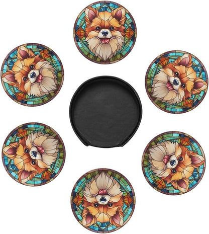 Drink Coaster Set of 6, Pomeranian Dog Mom Lover Gift,Leather Drink Coasters with Holder,6 Pack Cup/Bar/Drink Coasters for Table/Drinks/Coffee Protection Housewarming Gift