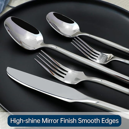 Silverware Set 40-Piece Hand Forged Stainless Steel Cutlery, Mirror Silver Thick Hexagon Handle Flatware Sets, Service for 8