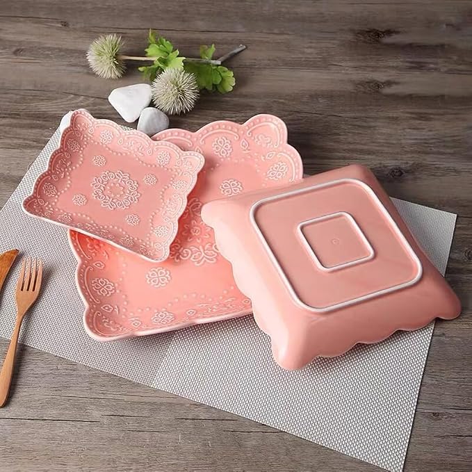 YBKTEX Ceramic Plate, Square Embossed Lace Plate - Image 6