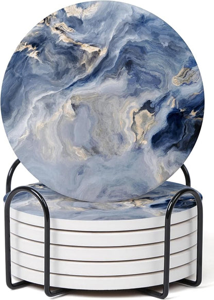 Set of 6 Navy Blue Marble Coasters by Hoomey