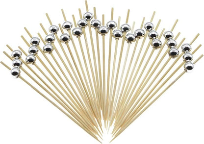 Minisland Silver Pearl Cocktail Picks, 4.7 Inch Long Bamboo Fancy Toothpicks for Appetizers, Decorative Christmas New Year Holiday Party Food Drink Garnish Fruit Kabob Skewer Sticks 100 Counts -MSL151