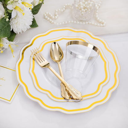 YOUBET 350 PCS White and Gold Plastic Plates - Disposable Plates for 50 Guests Tableware Includes 150 Gold Plastic Silverware, 50 Cups, 50 Napkins, for Wedding Party & Thanksgiving