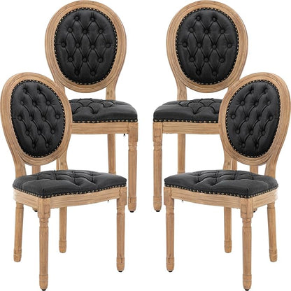 Vintage French Dining Chairs Set of 4, Round Back PU Leather Upholstered Side Chairs with Nailhead Trim and Solid Wood Frame, Sillas de Comedor for Dining Room & Kitchen, Black