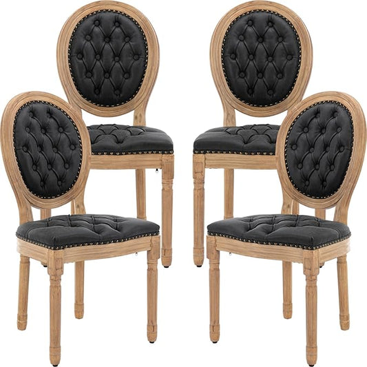 Vintage French Dining Chairs Set of 4, Round Back PU Leather Upholstered Side Chairs with Nailhead Trim and Solid Wood Frame, Sillas de Comedor for Dining Room & Kitchen, Black