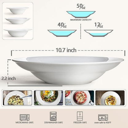 Large Pasta Bowls, 50 Ounces Big Salad Bowls, 10.7 inch White Soup Bowls, Ceramic Serving Bowl Set of 4, Wide and Shallow Bowls Set, Microwave and Dishwasher Safe