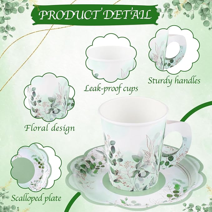 24 Sets Eucalyptus Leaf Tea Party Cups, 7 OZ Disposable Paper Tea Cups | - Image 3
