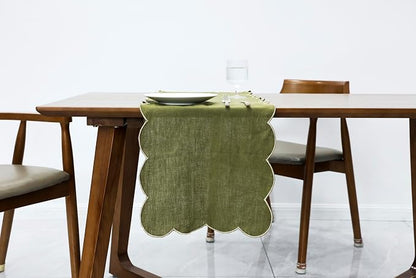 100% Natural Linen Rustic Scalloped Embroidery Table Runner 90 Inches Long by AORISSI