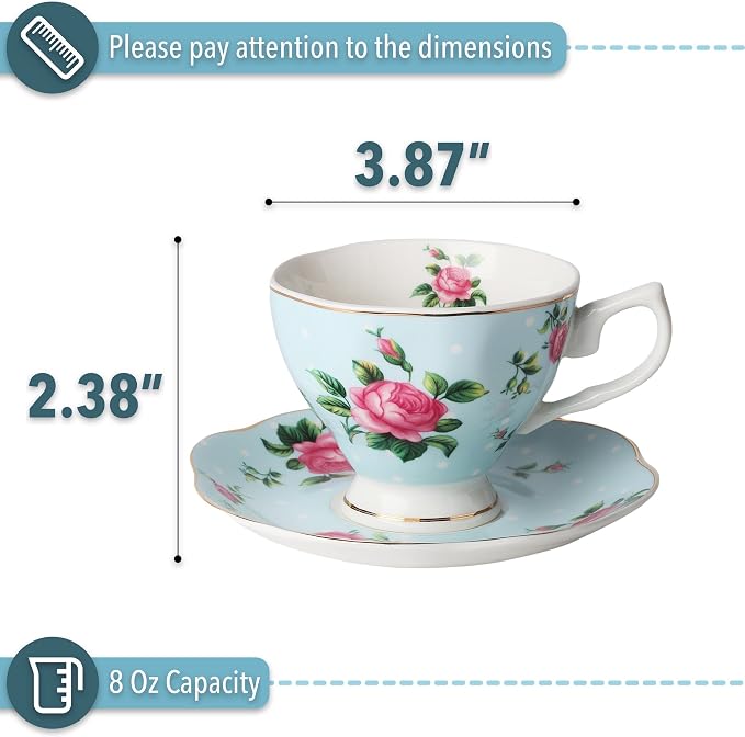 BTaT- Floral Tea Cups and Saucers, 8 oz, Fine Porcelain Teacup Set - Image 3