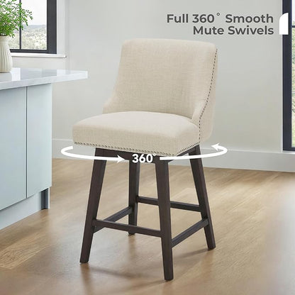 CHITA Counter Height Swivel Bar Stools Set of 3, FSC Certified Upholstered Counter Stools, Modern Swivel Barstools with Wood Legs for Kitchen Island, 26" Seat Height, Fabric in Linen