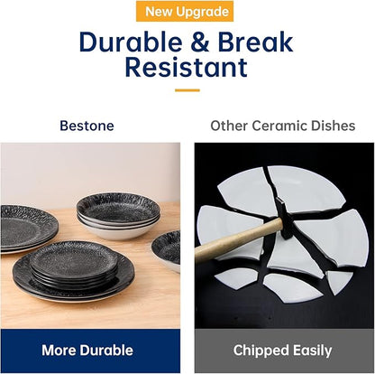 Bestone 12-Piece Round Porcelain Dinnerware Set, Service for 4, Chip Resistant Plates and Bowls,Black, Dishwasher & Microwave Safe for Home Daily Use