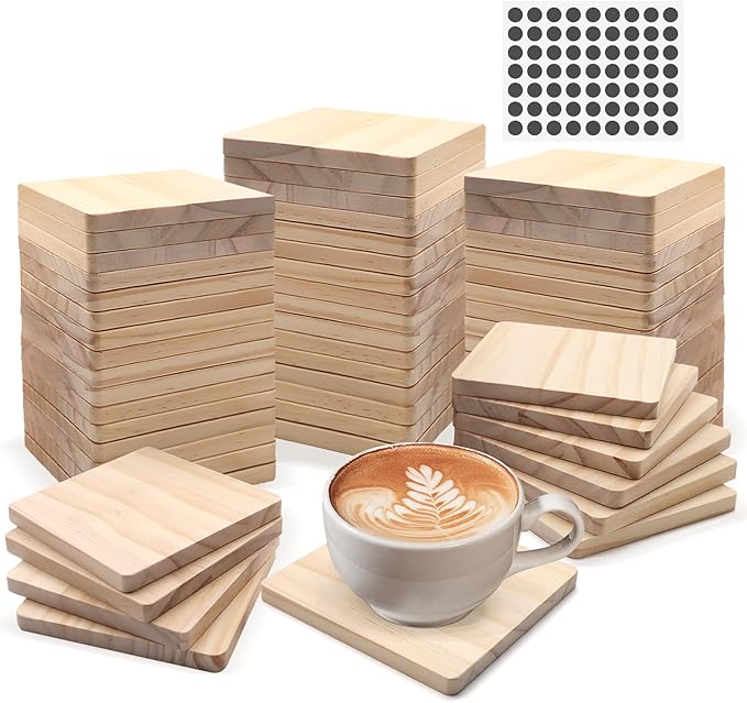60 Pack 4 Inch Unfinished Square Wood Coasters by SIJDIEE