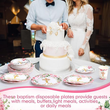 Pickmesh 250 Pcs Pink Baptism Cross Disposable Tableware Set First Holy Communion Baptism Disposable Paper Plates Napkins and Cups for Christening Celebration Baby Shower Religious Supplies