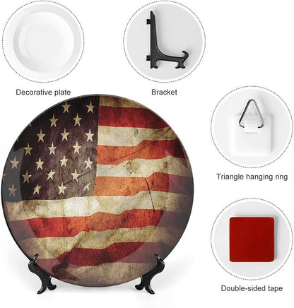 Decorative Plates, American Flag Print Ornament, Grunge Look Patriotic, 6 Inch, Kitchen Wall Decor, Multicolor