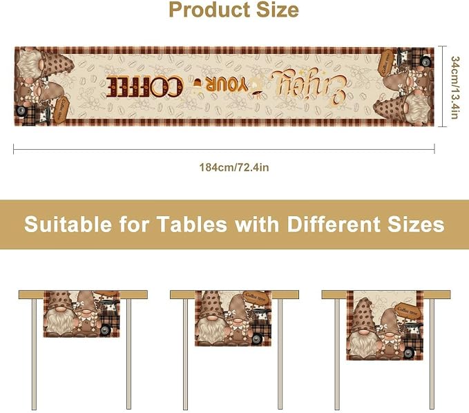 Coffee Theme Table Runner, Rustic Brown Buffalo Gnomes Cafe Cup Car Biscuit - Image 5