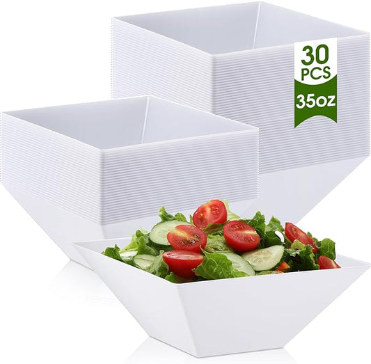 Tioncy 30 Pcs Square Plastic Serving Bowls, Medium Salad Fluted Plastic 35 oz Disposable Serving Bowls Containers for Parties, Snack, Buffet, Chips(White,Classic)