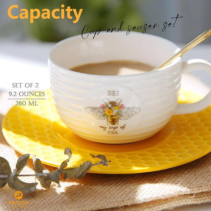 Porcelain Tea Cups and Saucers Set of 2, Honey Bee Pattern Ceramic Tea Cup - Image 3
