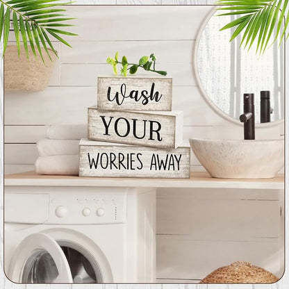 Moucuny 4 Pcs Farmhouse Laundry Room Decor Stacked Blocks Wash Your Worries - Image 5