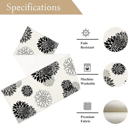 Black Gray Table Runner Dahlia Pinnata Flower Beige Table Runners Modern - Image 5