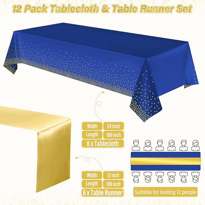12 Pack Blue and Gold Tablecloth and Table Runner Party Decorations, Royal Blue - Image 2