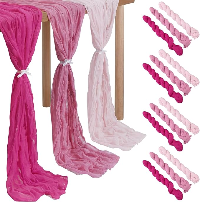 12 Pcs Gradient Rose Pink Cheesecloth Gauze Table Runners | Boho Wedding Decor by Remagr