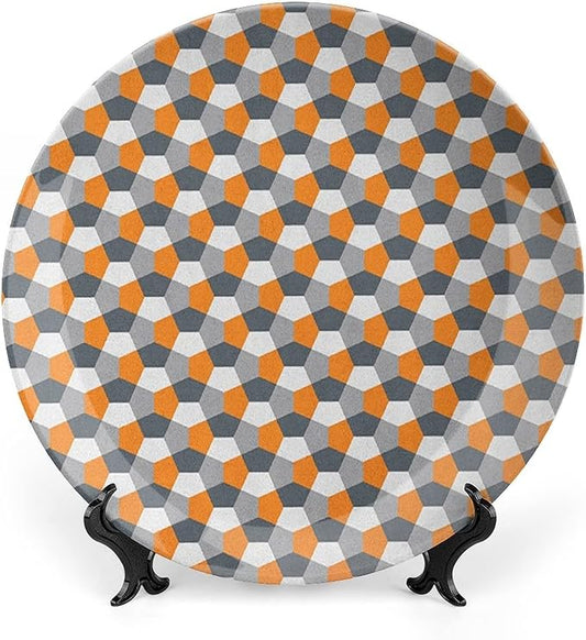 Decorative Plates, Abstract Print Ornament, Modern Style Mosaic Tile with Hexagonal Shapes, 8 Inch, Kitchen Wall Decor, Grey Charcoal Grey Orange