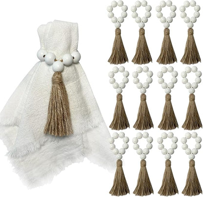 Napkin Rings Set of 12,Wooden Napkin Ring,Wood Bead Elastic Farmhouse Napkin Holder with Tassel,Boho Napkin Rings for Table Decor,Weeding,Dinner,Party (White)