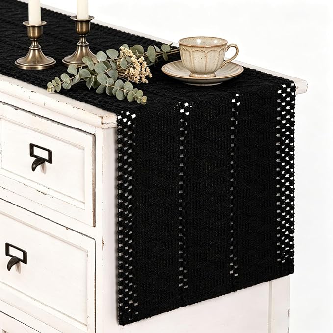 Black Boho Table Runner Farmhouse Macrame Woven Table Runner 12x72 Inch | Small - Image 2