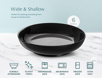 KooK Pasta Bowls Set of 6, Salad Bowl, Large, Ceramic, Microwave and Dishwasher Safe, Great for Soups and Salads, Shallow Serving Bowls, Glossy Porcelain, 32 oz, (Black)