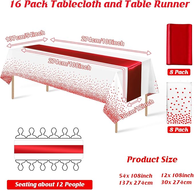 16Pack Disposable Plastic Tablecloths and Satin Table Runner Set White and Red - Image 2