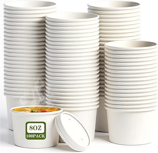 100 Pack 4 oz Disposable Soup Containers with Vented Lids, Kraft Soup Bowls Ice Cream Cups, White Paper Food Containers Microwavable and Freezer Safe for Hot Soup, Ice Cream (100 Pcs - White, 4 oz)