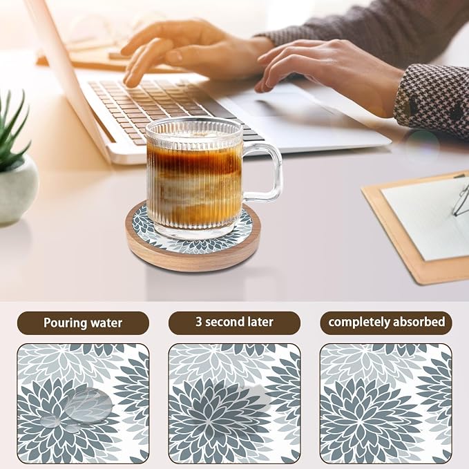Wood Coasters Set of 4 with Holder, Cewiru Cup Mat - Image 2