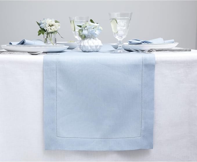 Solino Home 100% Linen Table Runner Sky Blue, Classic Hemstitch 14 x 156 in | by SolinoHome