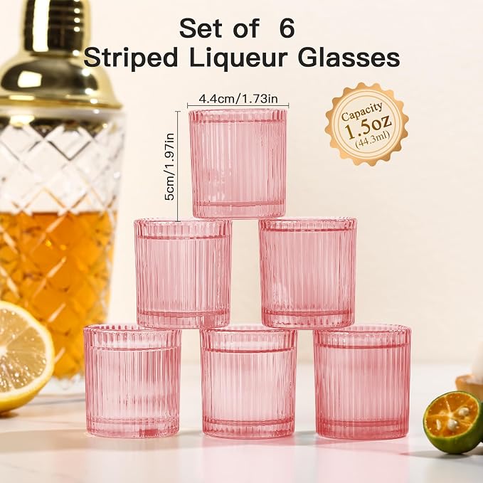 JOVGANK Mini Pink Shot Glasses Set of 6 – 1.5oz Small Vintage Ribbed Glassware - Image 2