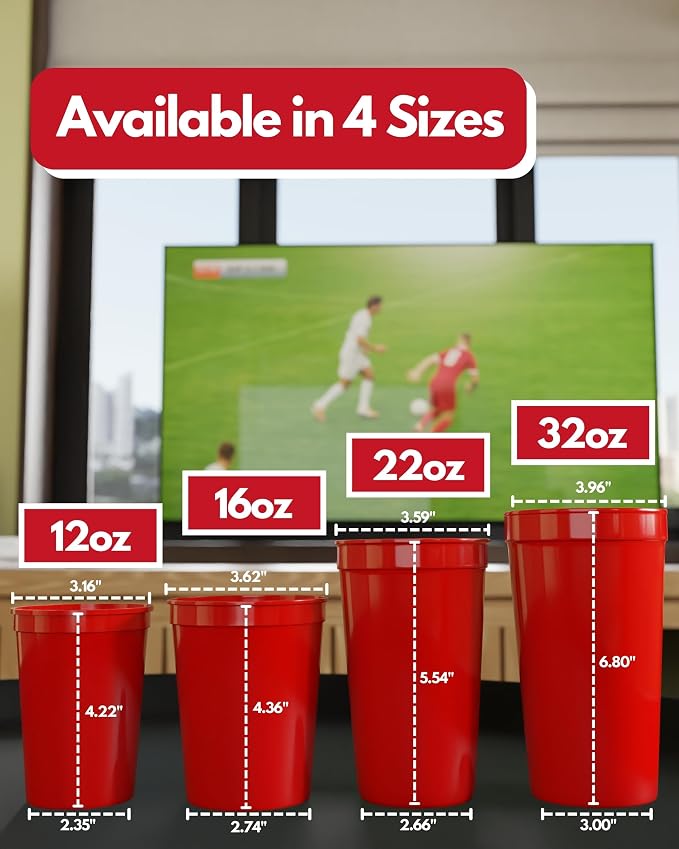 PartyPrints 10 Pack Small 10 to 12 oz Red Reusable Blank Plastic Cups, Stadium - Image 4