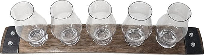 Barrel Stave Premium 5 Glass Whiskey Flight Serving Tray with Glencairn Glasses, Dark Walnut